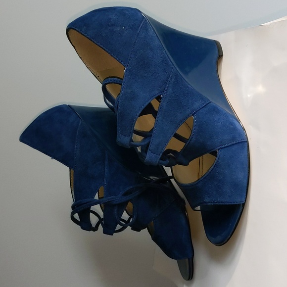 Franco Sarto Royal Blue Lace Up Deco Suede Wedge 7 - Picture 12 of 17